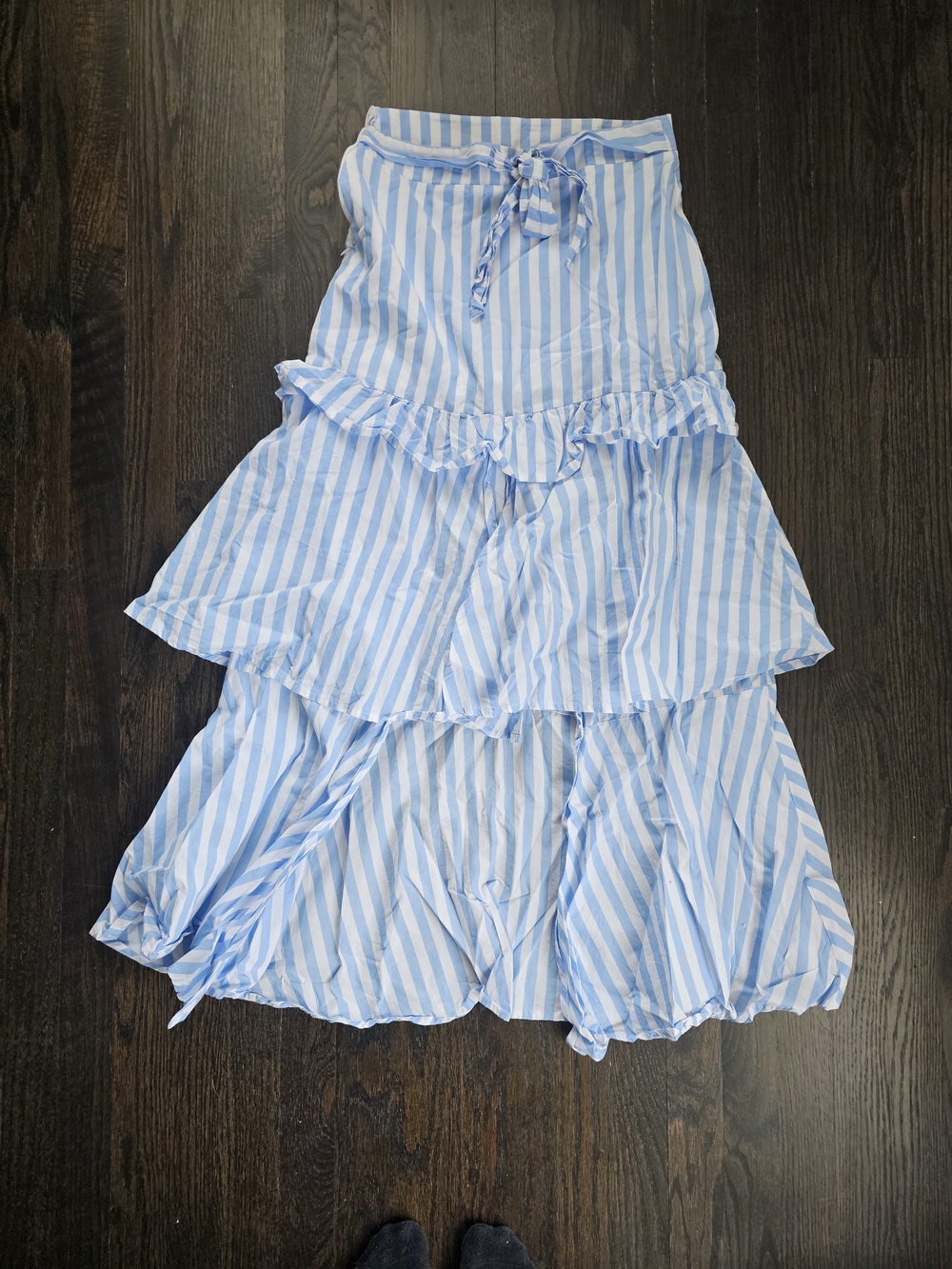 Blue & White Striped Ruffle Tiered Maxi Skirt